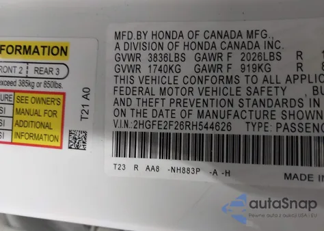 2024 Honda Civic Lx from USA, damaged, VIN 2HGFE2F26RH544626